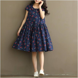 Váy bầu cherry xanh cộc tay cổ sen