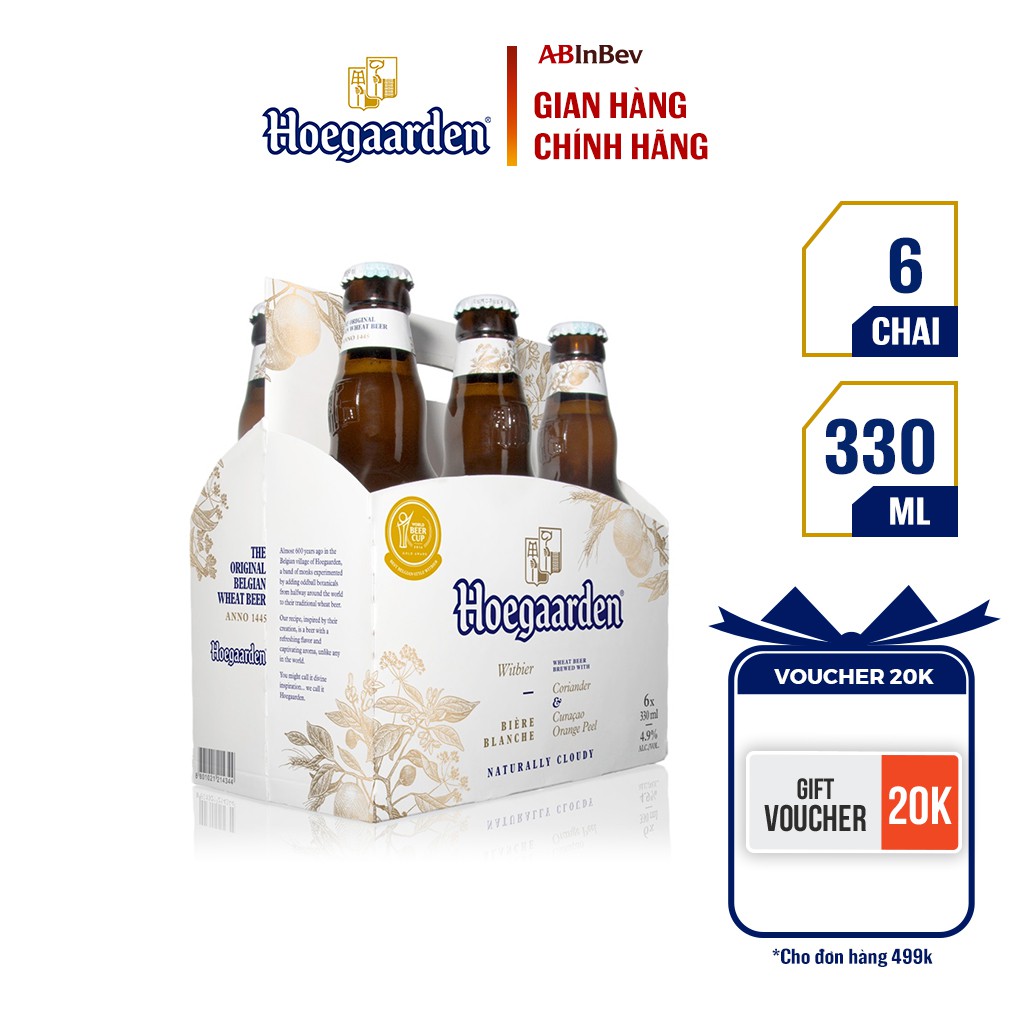 Lốc 6 Chai Hoegaarden White - Bia Bỉ Lúa Mỳ Chính Hiệu (330ml/ chai)