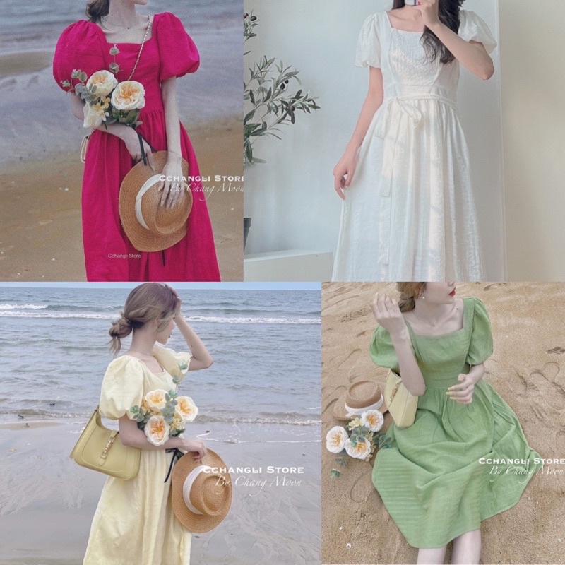 Váy đũi tay bồng cổ vuông nhiều màu