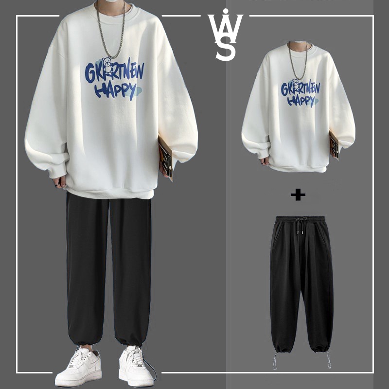 Set đồ bộ thun dáng rộng, áo sweater và quần thun dáng suông ống rộng + dây rút theo phong cách Hàn Quốc.