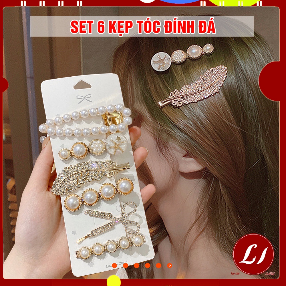 Set 6 Kẹp tóc đính đá sang chảnh nhiều mẫu siêu xinh cho các nàng