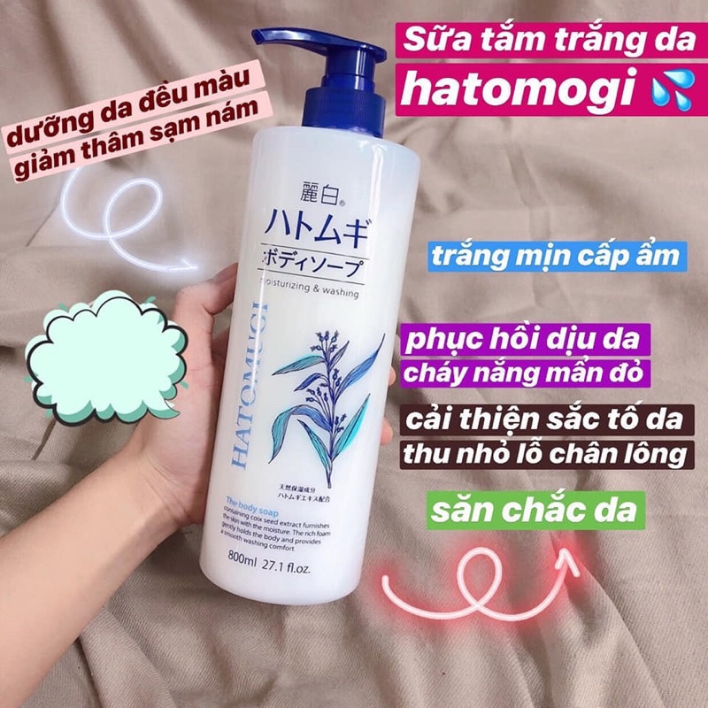 Sữa Tắm Trắng Da HATOMUGI Hạt Ý Dĩ Nhật Bản 800ml, Dưỡng Da Trắng Mịn Sáng khỏe