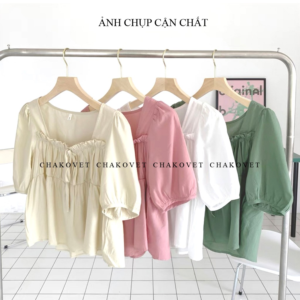 Áo sơ mi nữ cộc tay cổ vuông A850, áo kiểu nữ babydoll xếp ly eo chun nơ dây trước ngực tiểu thư đẹp cá tính - CHAKOVET