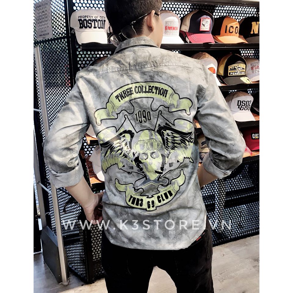 Áo sơ mi nam in hình đầu lâu xanh dạ tay ngắn tay dài was toàn áo hàng chính hãng K3 STORE