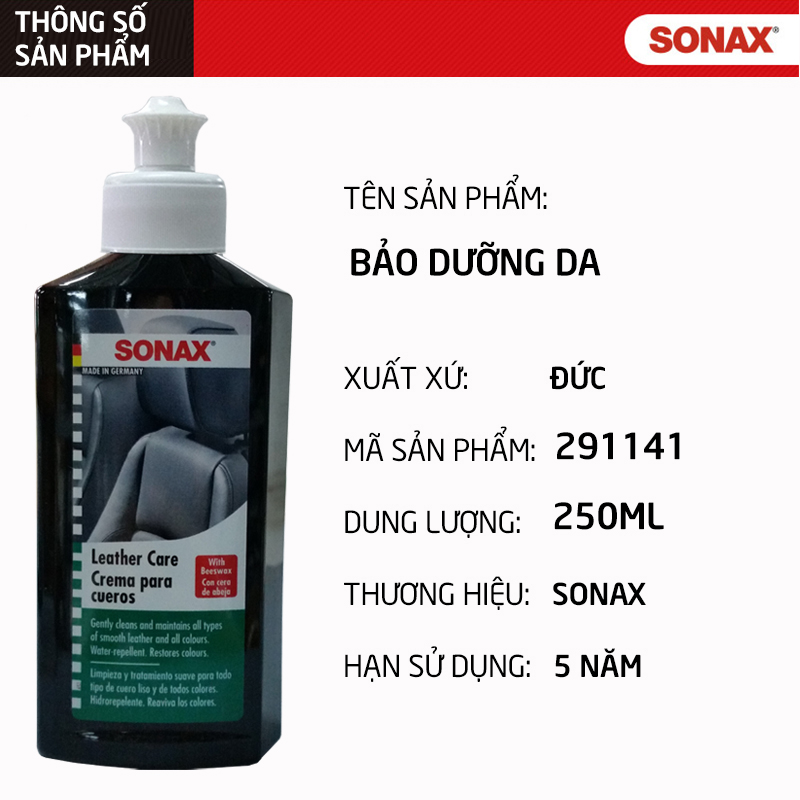 Dung dịch xịt bảo dưỡng da ghế xe hơi Sonax leather care lotion 250ml,sáp xi làm sạch,kem dưỡng hạn chế nứt gãySN-291141