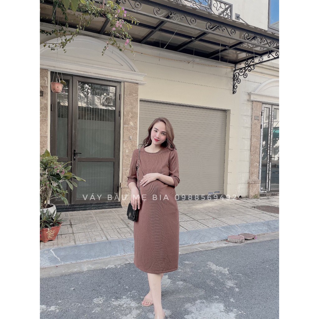 Váy bầu bigsize - Đầm bầu thiết kế GuMe chất len tăm dáng suông HACK DÁNG 2 màu NÂU-ĐEN, SIZE 40-120KG- MB262