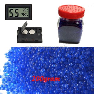 Combo 200g hạt hút ẩm xanh kèm ẩm kế điện tử và hộp đựng hạt