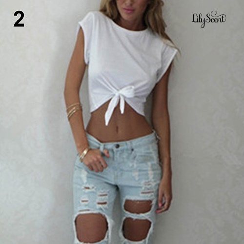 Áo Thun Croptop Tay Ngắn Cổ Tròn Thắt Nơ Thời Trang Mùa Hè Cho Nữ