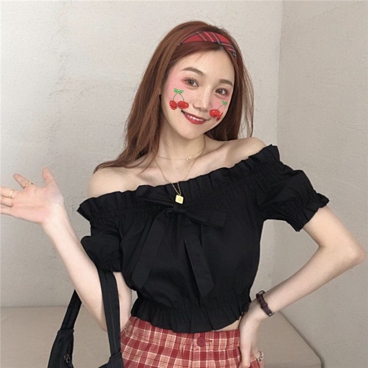 Women's top summer 2021 new French bubble sleeve white shirt women's design sense minority short bow shoulder top