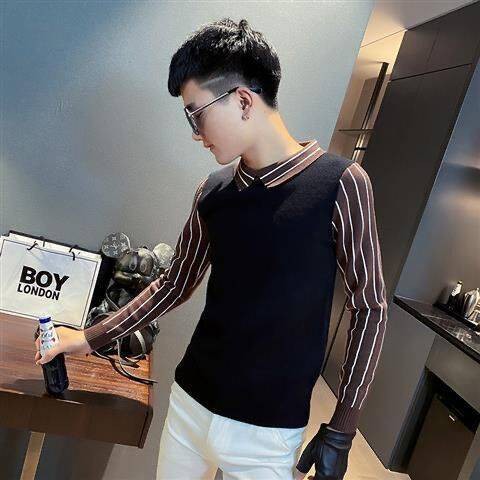 Áo Sweater Giả Hai Lớp Cổ Sơ Mi Họa Tiết Kẻ Sọc Thời Trang Mùa Đông Phong Cách Hàn Quốc Cho Nam