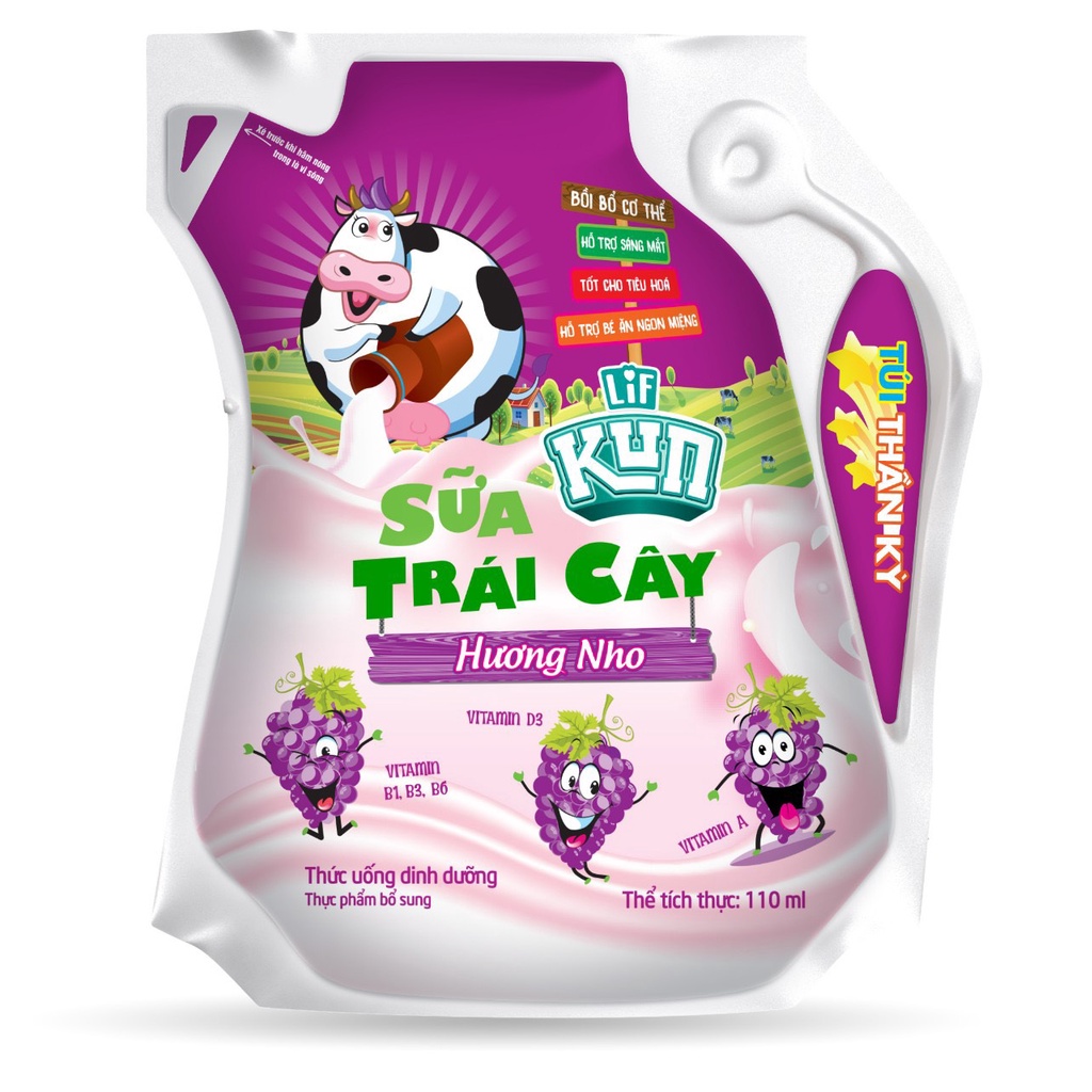 [Mã GROSALE55 giảm 8% đơn 500K] THÙNG 24 TÚI SỮA KUN 110ML HƯƠNG CAM/ DÂU/ SOCOLA/ NHO (24 túi x 110ml)