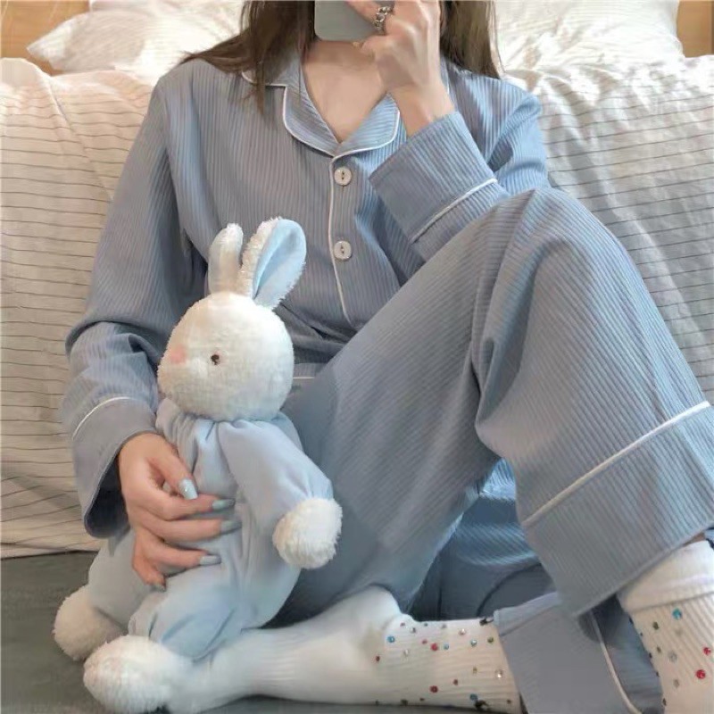 (Sẵn XL) Set pijama xanh pastel sọc gân ulzzang Hàn Quốc [Yannie] NoBrand