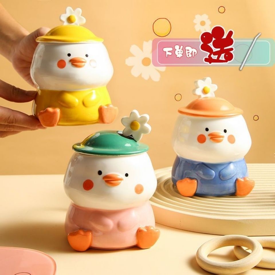Cốc uống nước gốm hình chú vịt hoạt hình đáng yêu có nắp đậy và muỗng phong cách Hàn Quốc