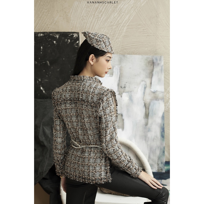 Áo khoác tweed VANANHSCARLET Đáp vai xẻ tà