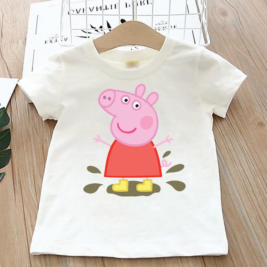 Áo thun cho bé trai bé gái vải cotton form rộng màu trắng Hạ Băng Designs - Peppa Pig