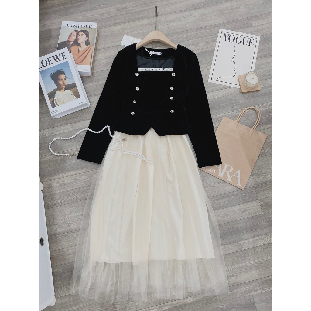 [Hàng l1]Set áo nhung cổ vuông mix chân váy lưới xoè phong cách tiểu thư siêu xinh siêu xinh sẵn hàng | BigBuy360 - bigbuy360.vn