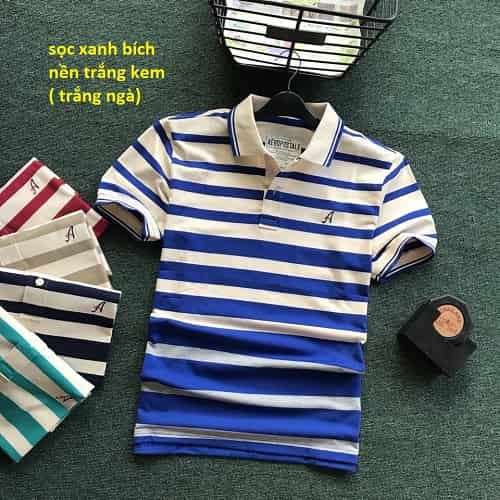 Áo thun nam sọc xanh đen nền trắng kem