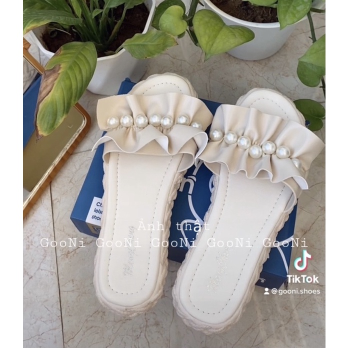 Dép quai ngang, đế bánh mì đính ngọc bánh bèo đế cao trống trơn trượt dành cho nữ