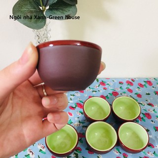 Bộ 6 chén uống trà Bát Tràng gốm sứ đất nung, cốc uống trà bên trong tráng men xanh ngọc an toàn sang trọng