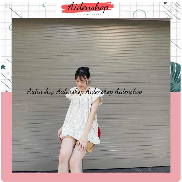 Bộ bầu thời trang đẹp mặc nhà màu trắng kem hoa nhí bộ đùi chất đẹp mát