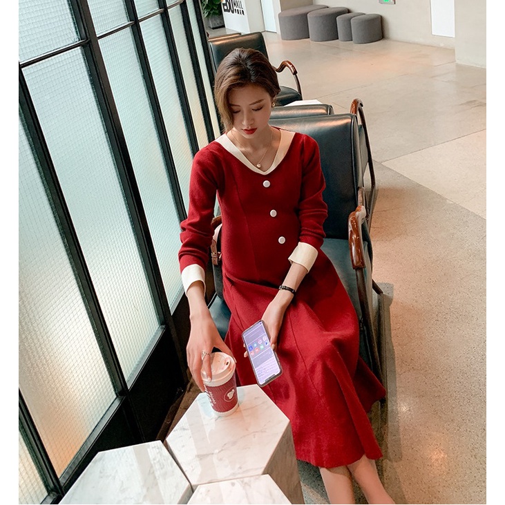 VÁY ĐẦM LEN SUÔNG BẦU PHỐI VIỀN CÚC - ĐẦM SAU SINH CÔNG SỞ, ĐI TIỆC SANG TRỌNG THU ĐÔNG