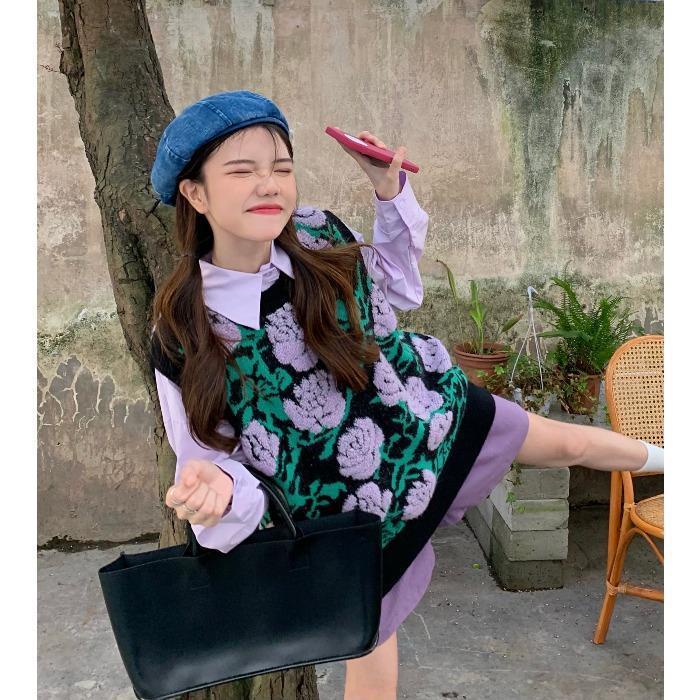 Set Áo Sơ Mi Form Rộng Họa Tiết Hoa Và Áo Len Không Tay Thời Trang Cho Nữ