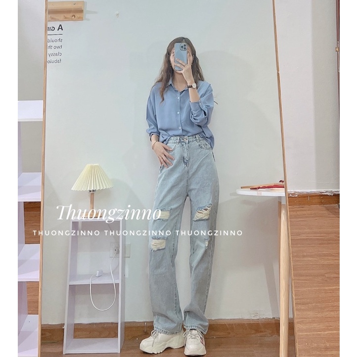 [Ảnh thật /Video]Quần ống rộng Xanh sáng cá tính thiết kế rách gối Quần ống rộng dáng Hàn Quốc