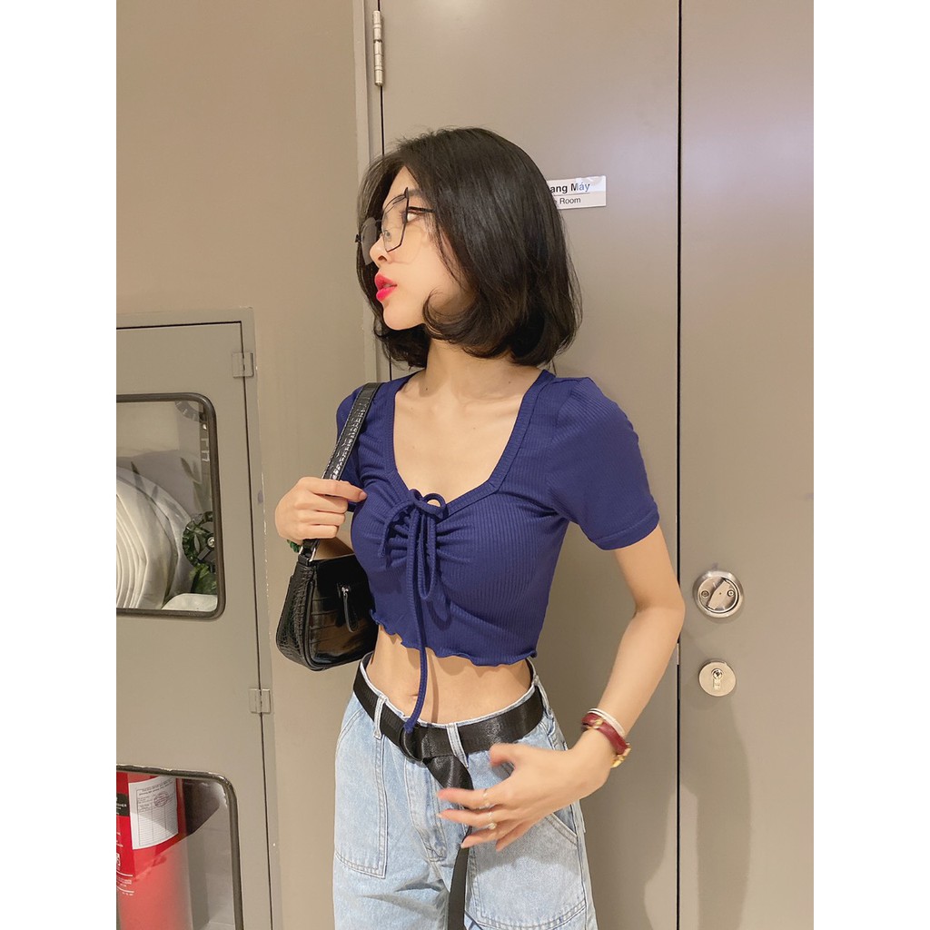 Áo Croptop Tay Ngắn Cổ Vuông Ôm Body Rút Ngực Màu Trơn