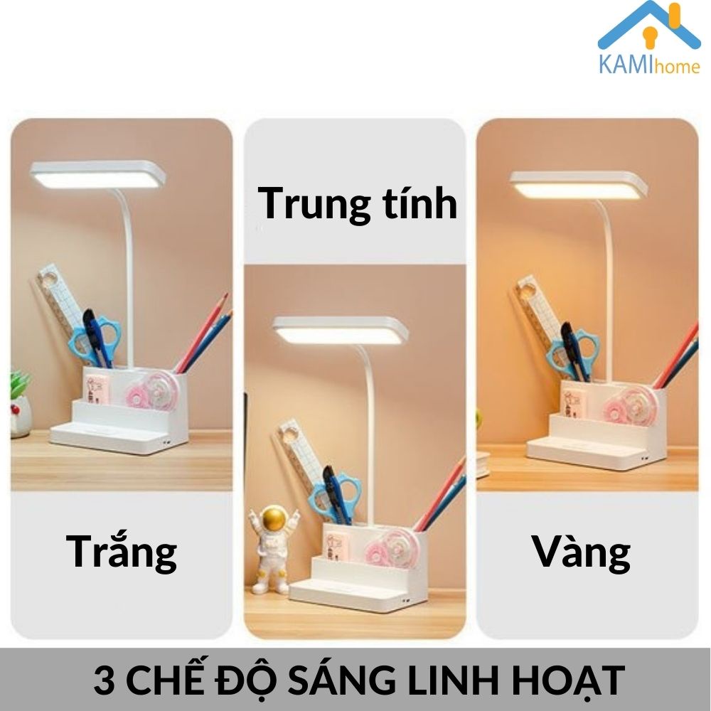 Đèn học để bàn sạc tích điện chống cận thị cho trẻ em có Giá kê điện thoại và cắm bút hình Vuông KM 36024a