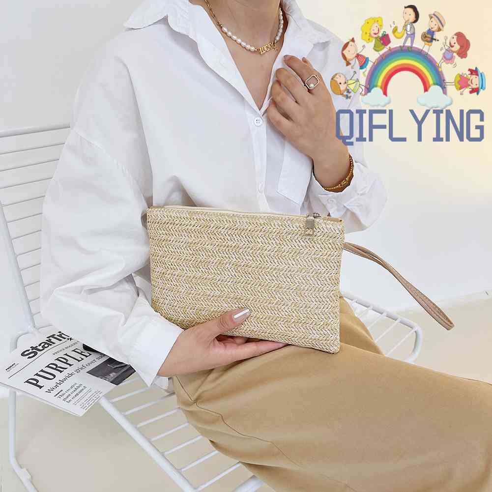 Qifly Túi Xách Đeo Cổ Tay Đan Lát Thời Trang Đi Biển Mùa Hè Nhỏ Dành Cho Nữ