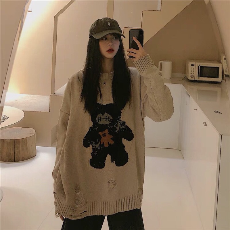 [HÀNG OD]Áo len Sweater Cổ Tròn Dáng Rộng Phối Rách In Hình Gấu Kiểu Hàn Quốc Cá Tính kèm ảnh thât | BigBuy360 - bigbuy360.vn
