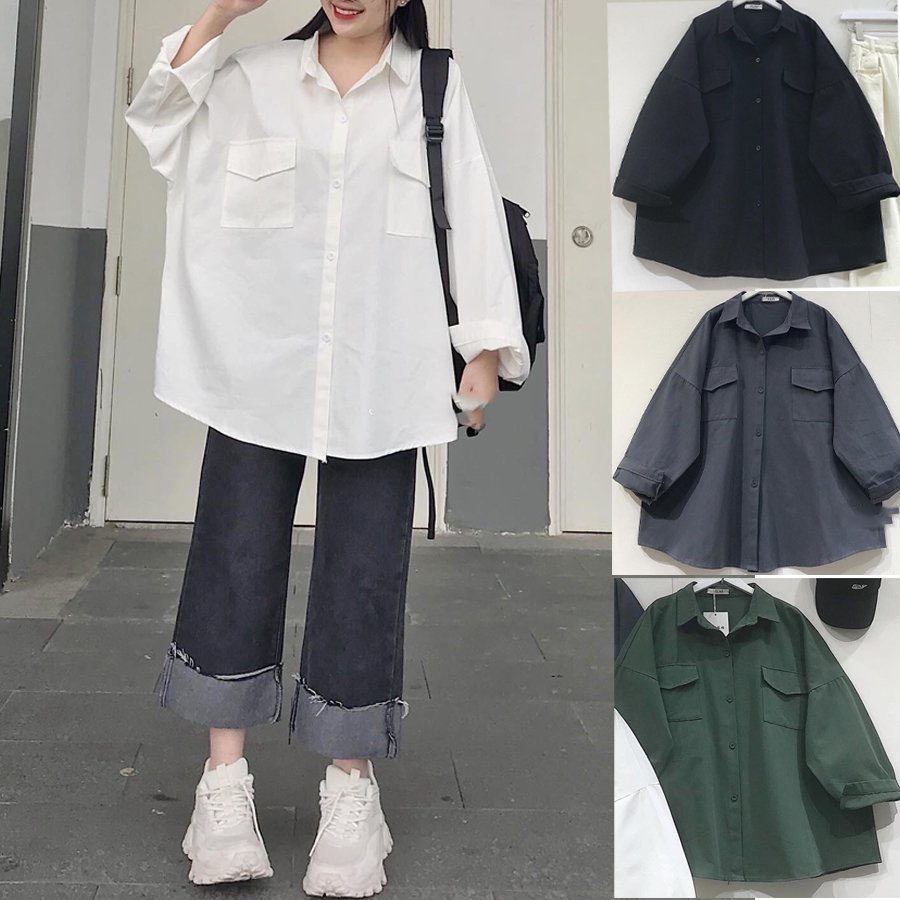 Áo Sơ Mi Kaki Nữ Sơ Mi Tay Dài Form Rộng Basic Phối Túi Nắp YIYI Phong Cách Ulzzang Màu Đen Trắng Xám Xanh 1758