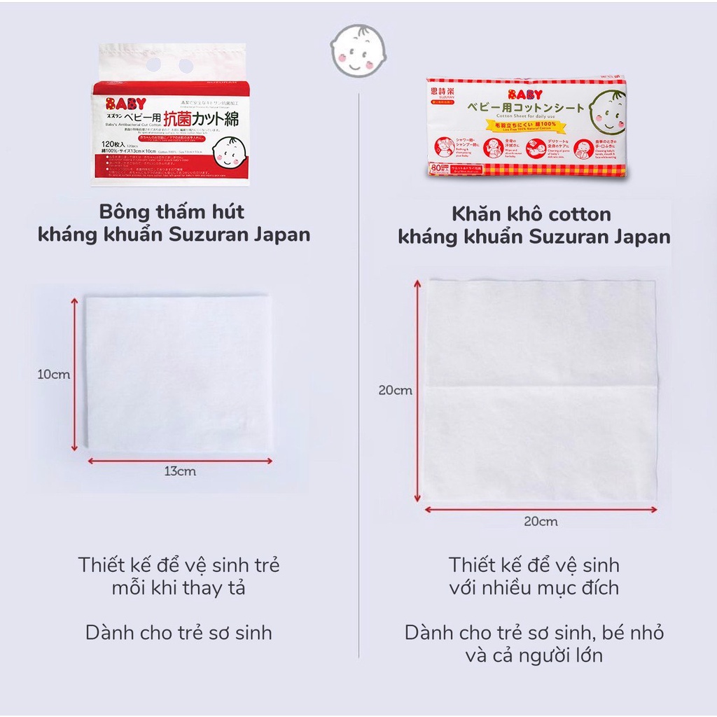 Khăn khô cotton kháng khuẩn Suzuran Japan 80 miếng
