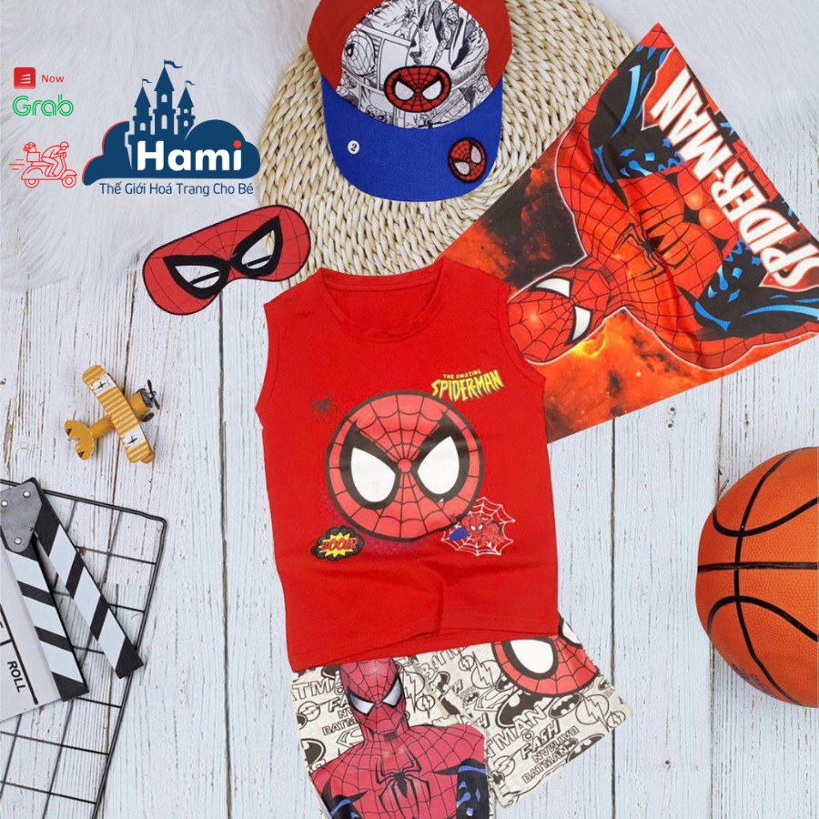 Bộ đồ siêu nhân nhện cho bé trai kèm áo choàng, mặt nạ, mũ, nhiều màu, kiểu sát nách, size 12kg - 28kg