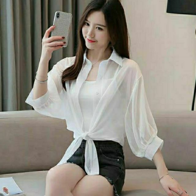 Áo sơ mi croptop cột eo vải vôn lụa đẹp.