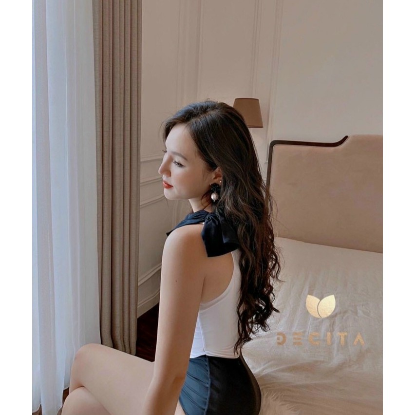 Bikini đồ bơi đi biển một mảnh liền thân lệch vai phối nơ trắng đen đi biển đi bơi đẹp VATIXA BKN66 | BigBuy360 - bigbuy360.vn