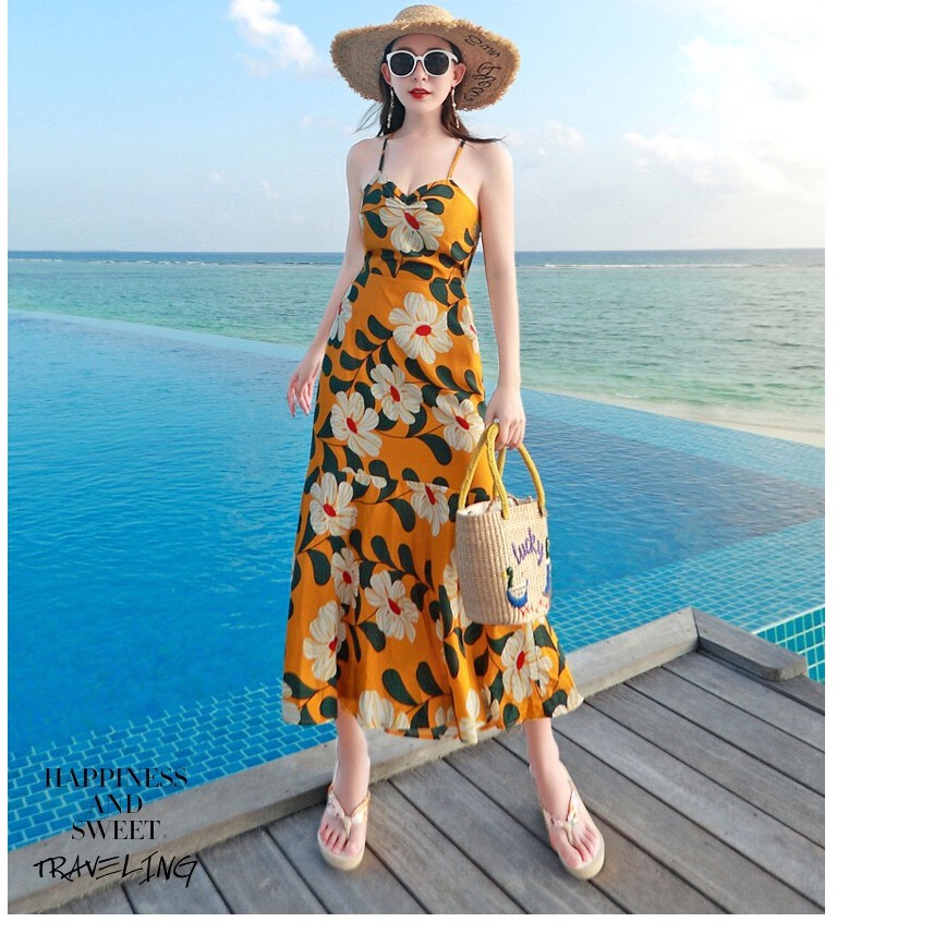 váy 2 dây hở lưng màu vàng đi biển xinh xắn