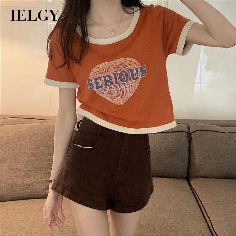 Áo thun IELGY tay ngắn cổ tròn màu sắc tương phản dễ phối đồ thời trang cho nữ