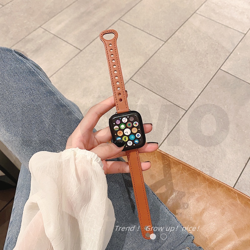 Dây đeo da thật mỏng cho đồng hồ thông minh Smart Watch 7 45mm 40mm 41mm 44mm IWatch Series SE 6 5 4 3 2 1