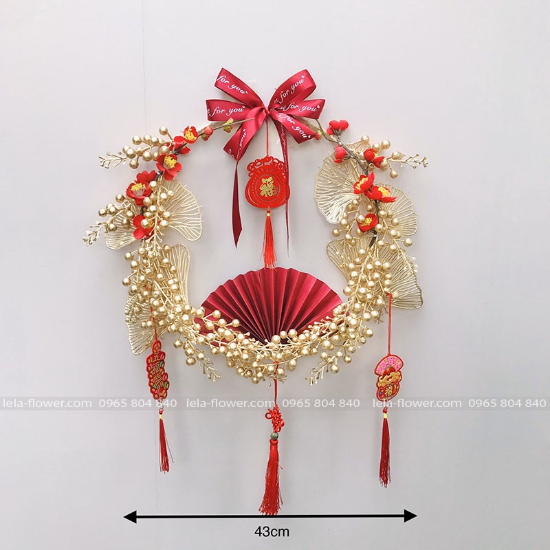 Vòng hoa đào đông vàng đã kết sẵn, vòng nguyệt quế treo tường, vòng treo cửa Tết 2022 size 43cm (VNQ0006) Lela Flower
