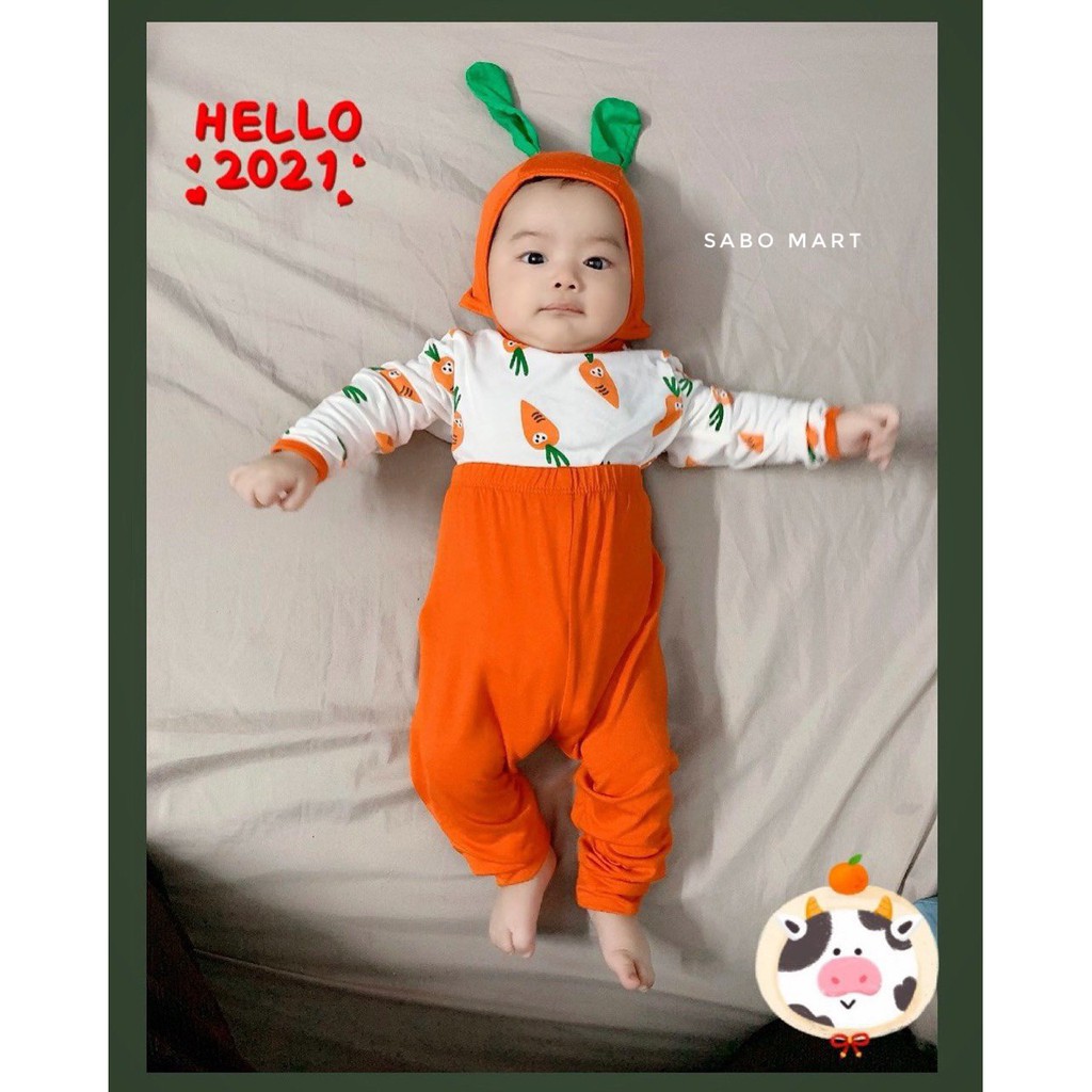 Bộ Thun Lạnh Dài Tay Trái Cây Hoa Quả Kèm Mũ Tai Thỏ Cute Cho Bé Mặc Hè Thu