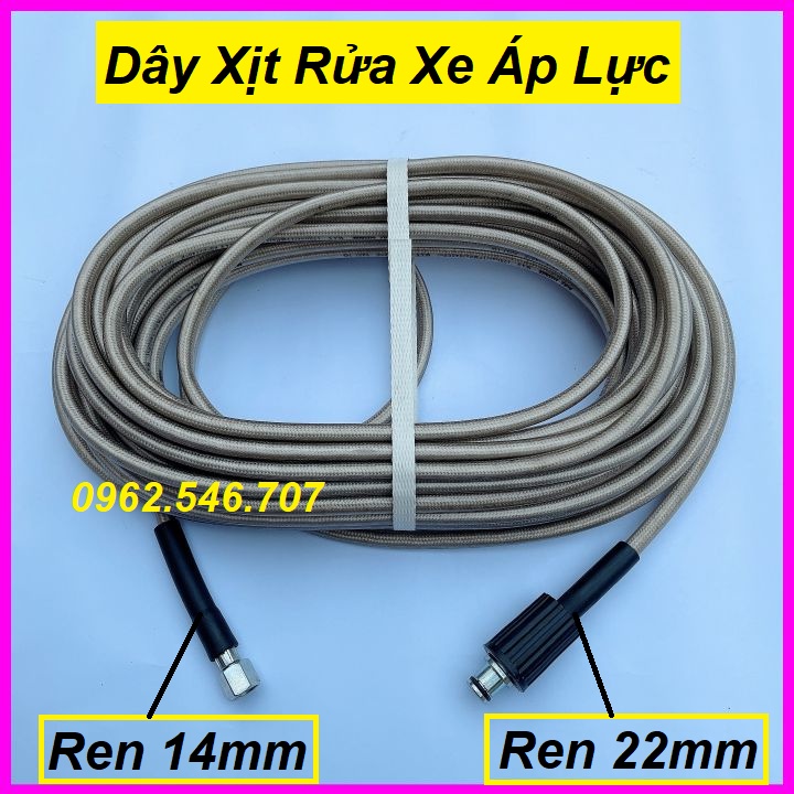 Dây Rửa Xe 10m,15m.20m Cho Máy Bơm Xịt Rửa Áp Lực Cao - Ren nối sung 14mm