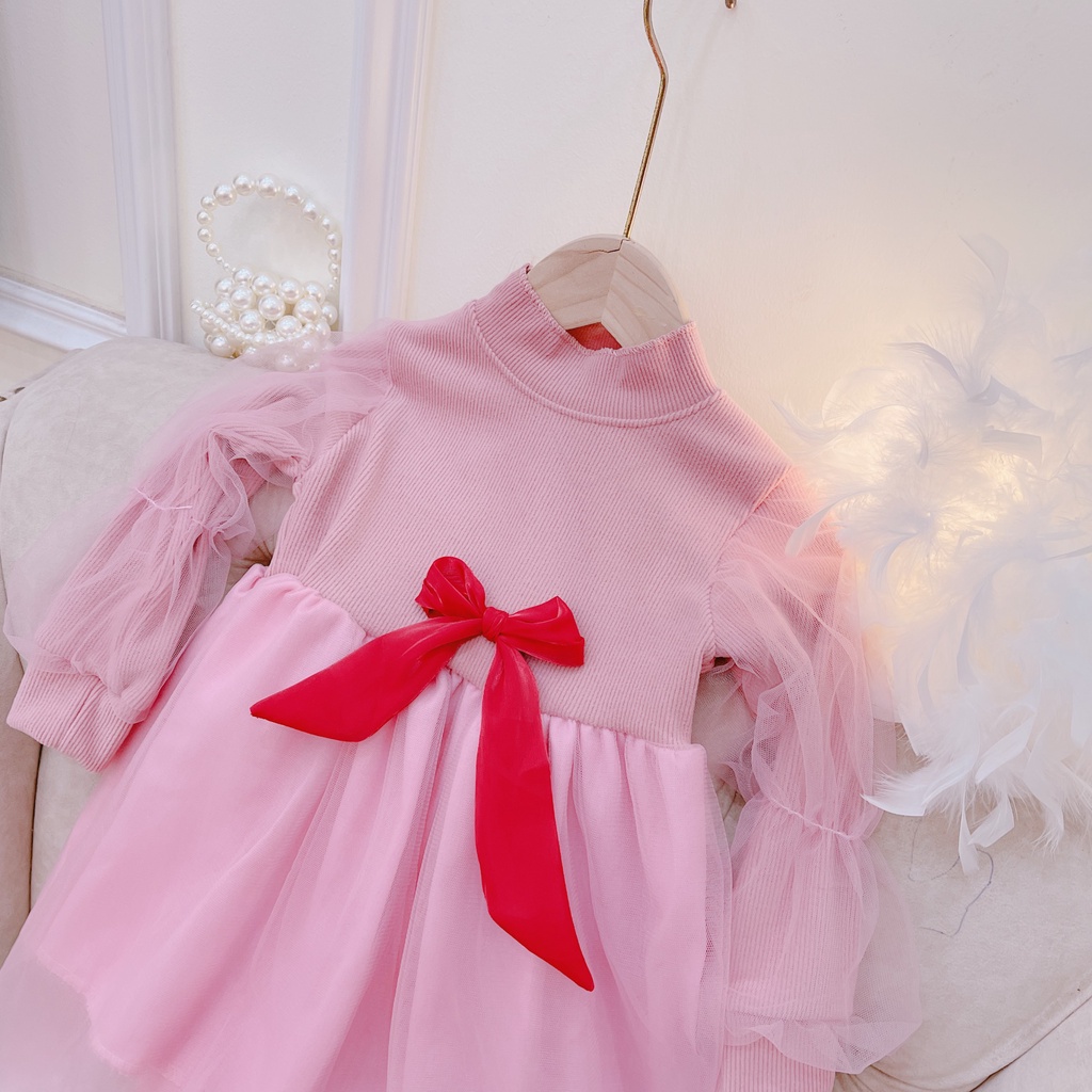 Váy thu đông bé gái, váy len nhung phối ren nơ đỏ chất siêu mềm cho bé