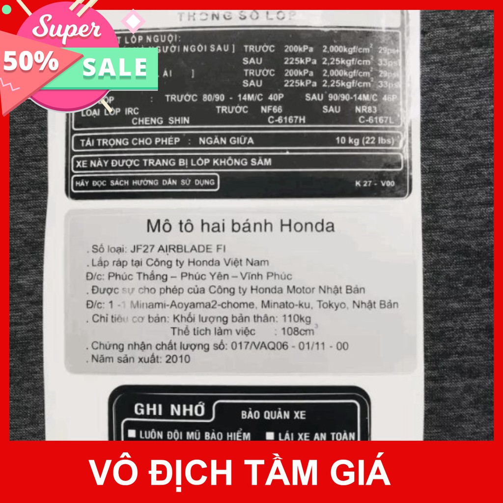 [GIÁ GỐC] TEM DÁN XE MÁY ĐẦY ĐỦ THÔNG SỐ AB AIRBLADE VIỆT NAM