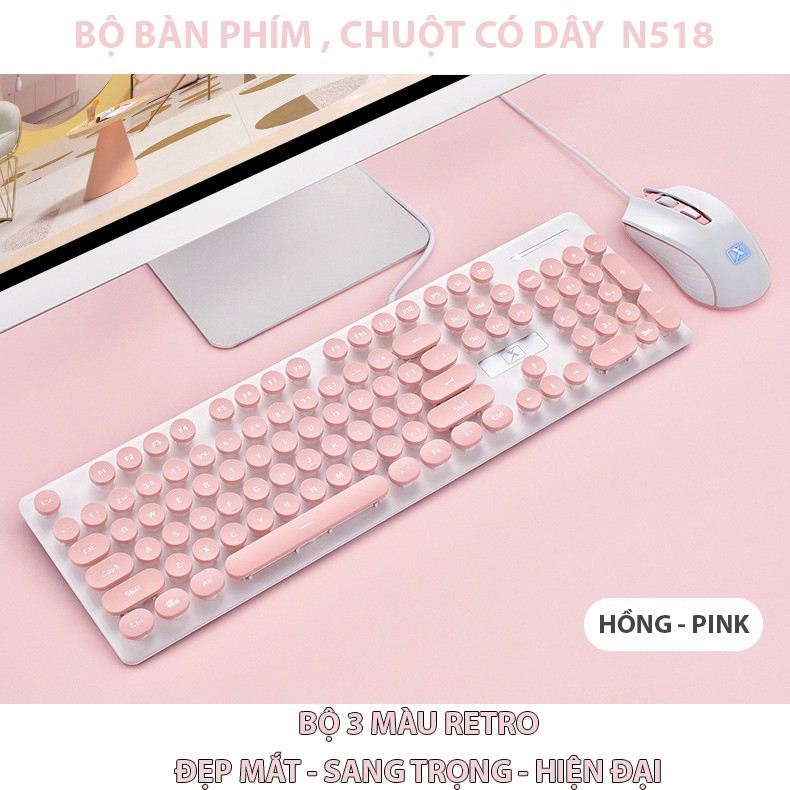 Bộ bàn phím chuột máy tính Latope bàn phím giả cơ có dây nút tròn màu sắc độc đáo N518