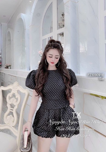 Set gấm xốp áo cổ tròn tay phồng phối quần short bí!