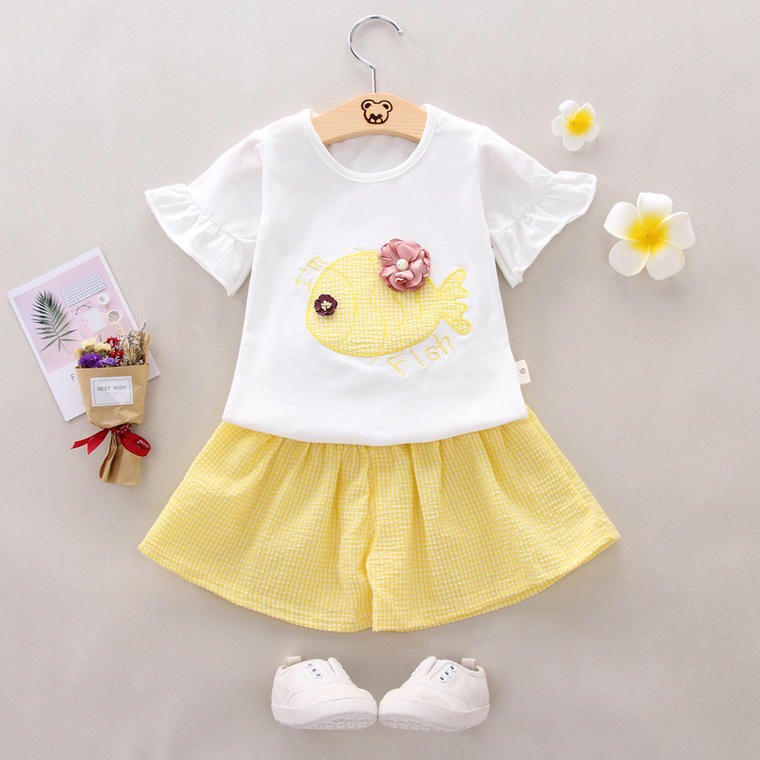 Quần áo Trẻ Em 8-18kg Bộ Cộc Tay Cho Bé Thêu Hình Cá M41 Bộ Cotton Trẻ Em Mùa Hè Bé Gái