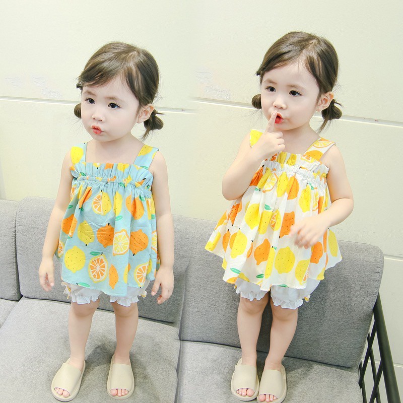 Set quần sooc trắng & áo sát nách hoạ tiết hoa quả cho bé gái (N00137)