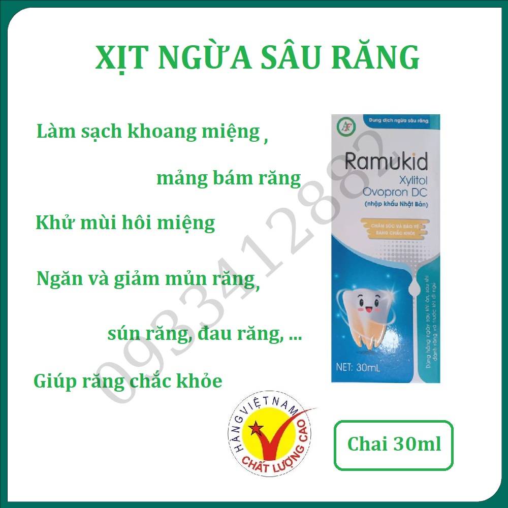 Xịt chống sâu răng Ramukid 30ml giúp làm sạch khoang miệng, ngăn và giảm mủn răng, hôi miệng và giúp răng chắc khỏe