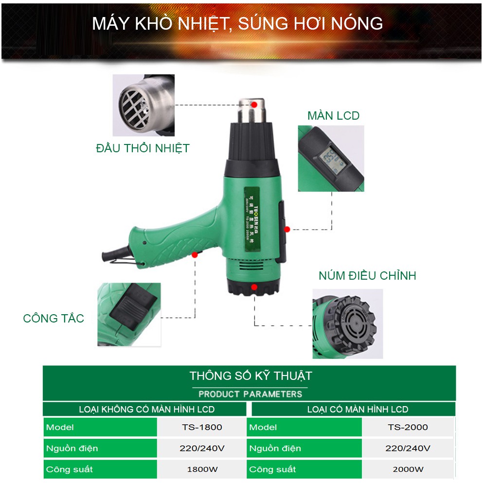 Máy khò nhiệt, Máy khò màng co, Máy đóng seal, Sung thổi hơi nóng 1800W-2000W chính hãng TUOSEN